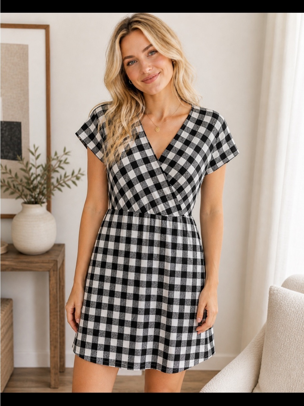 Gilli Black White Gingham Faux Wrap Dress Women M Short Sleeve Cotton